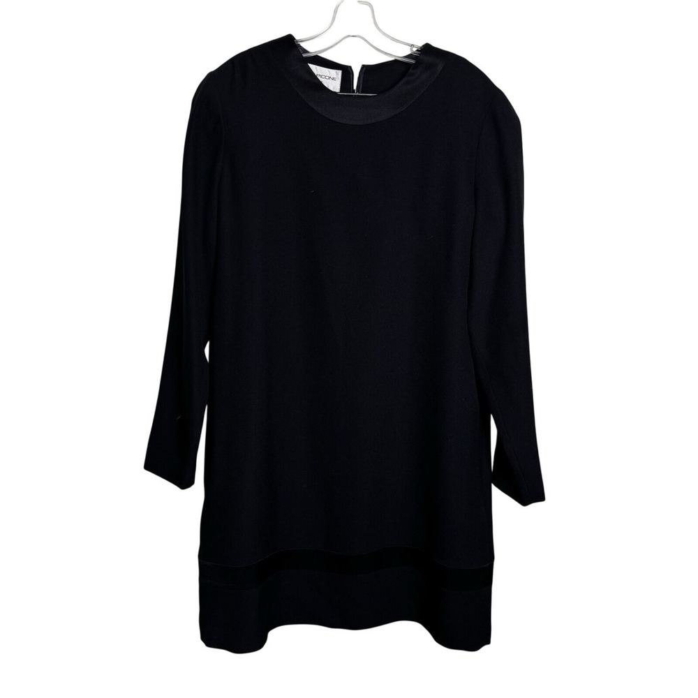 Vtg Evan Picone Black Shift Dress 10 Satin Trim Long Sleeve Cocktail Minimalist